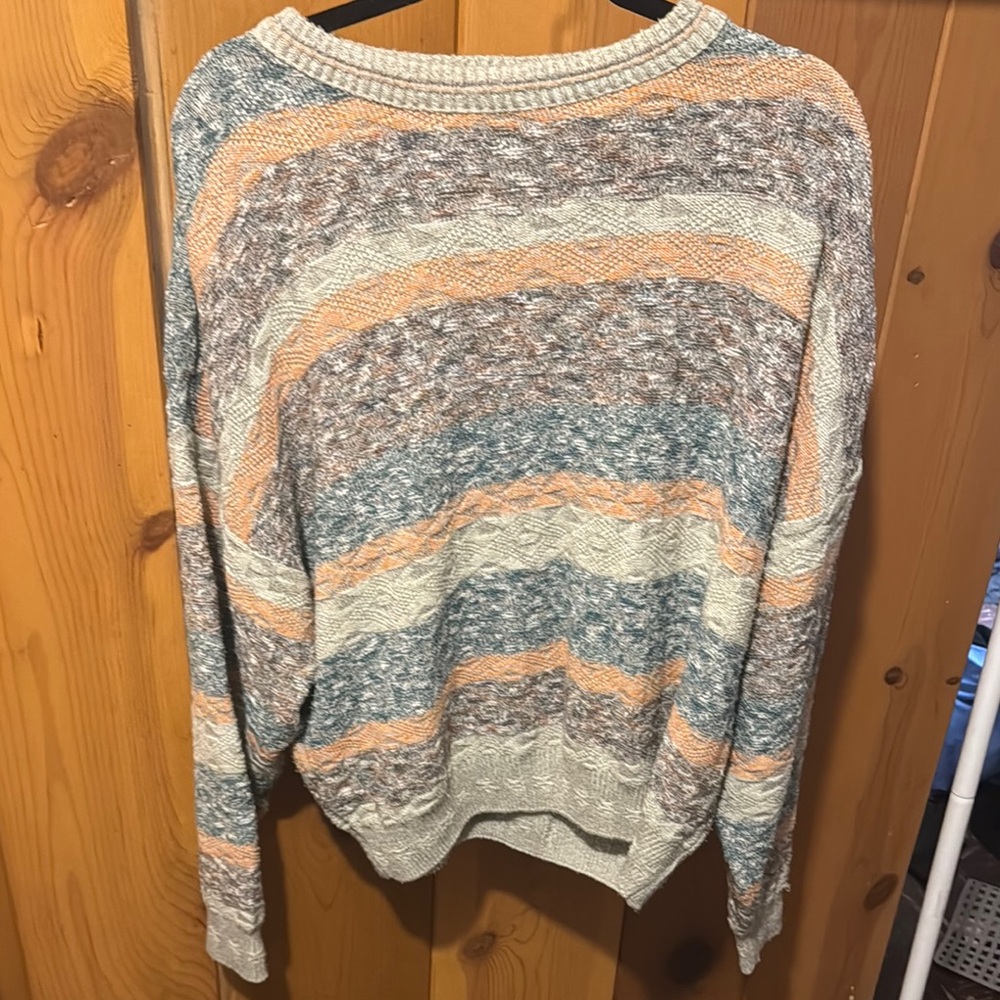 Blue and Orange Crew Neck Sweater with Nordic Patterns